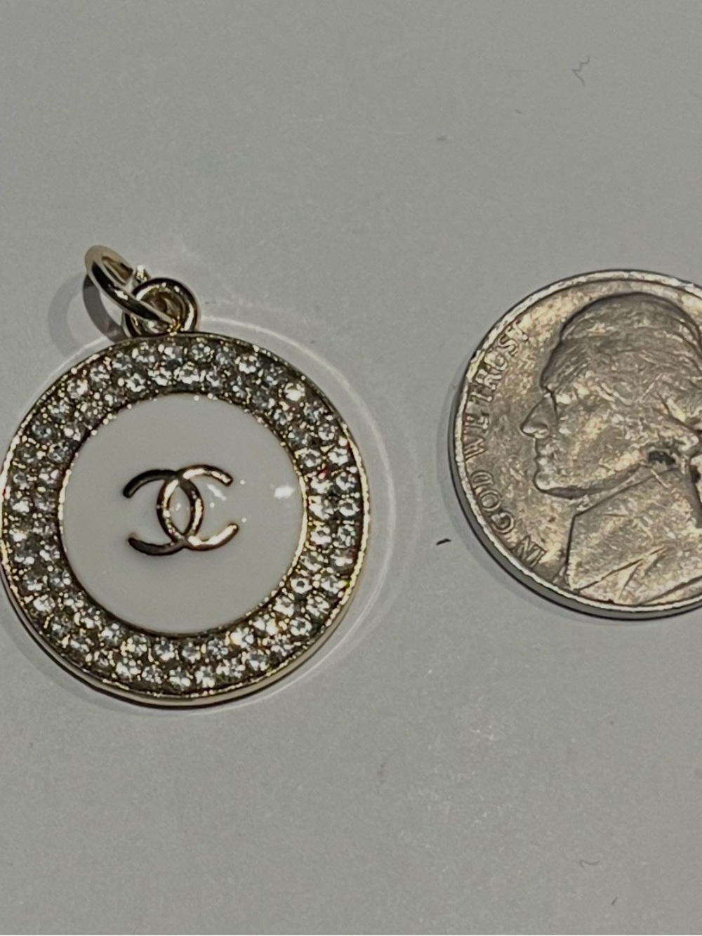 White Enamel CC Logo Crystal Pendant
